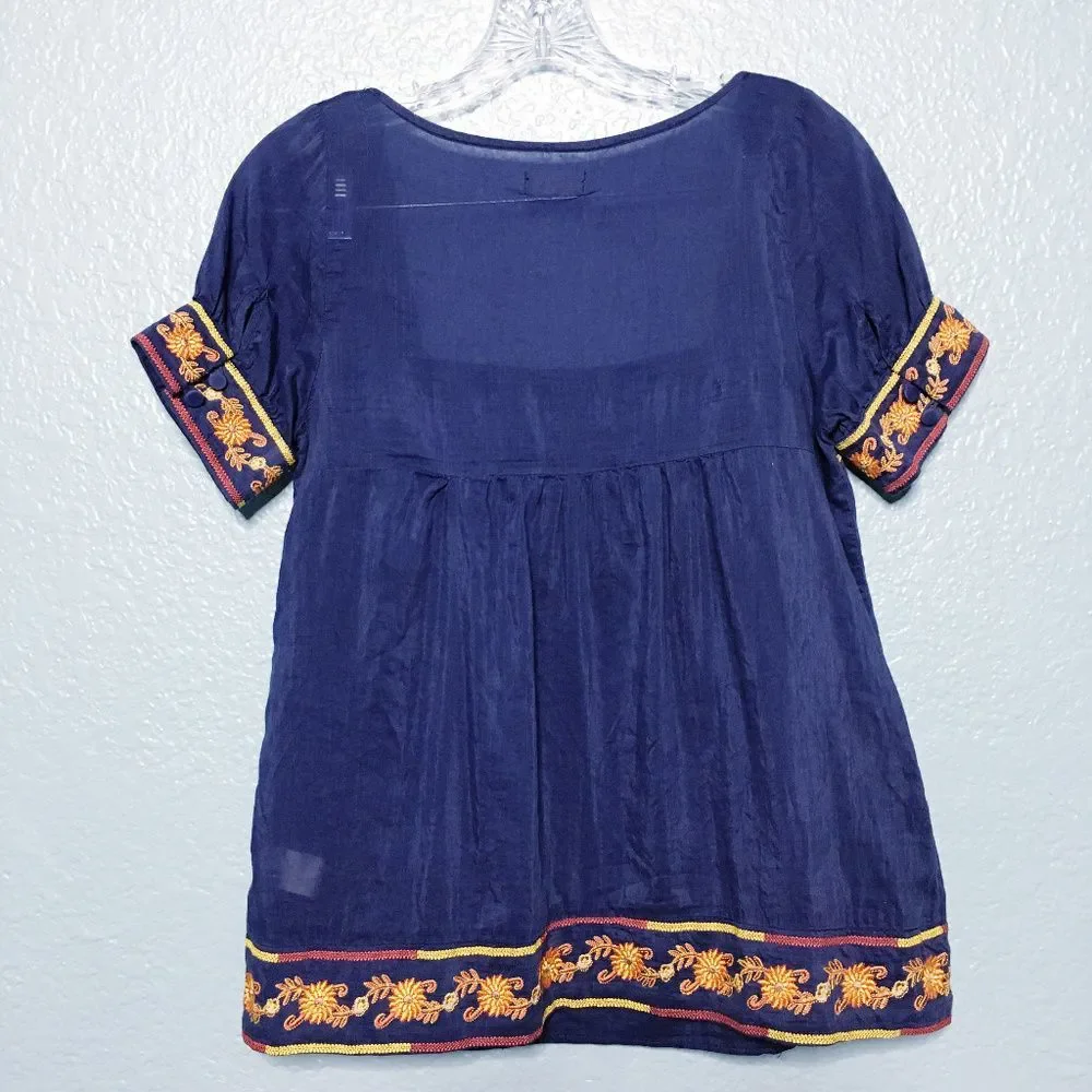 Aryn K Embroidered Button Cuff Silk Blend Top - Picture 4 of 5